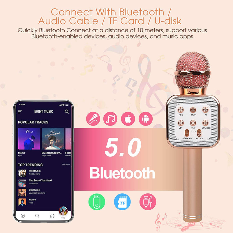 Wireless Karaoke Microphone, Bluetooth Music Player with LED Light, Portable Live Stream Singing Microphone, Birthday for Kids Adults