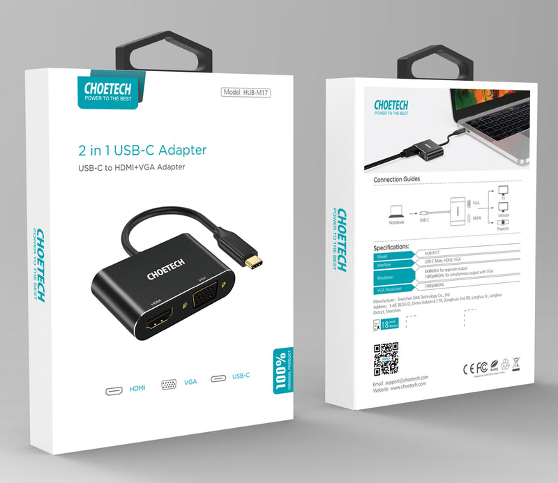 CHOETECH HUB-M17 2 in 1 USB C to HDMI VGA 4K UHD Dual Screen Display Adapter - FoundX