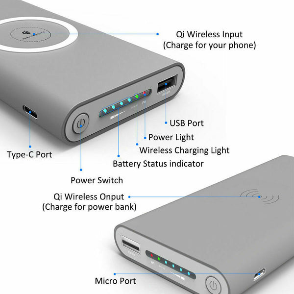 10000mAh Power Bank with Wireless Charging (grey) - FoundX